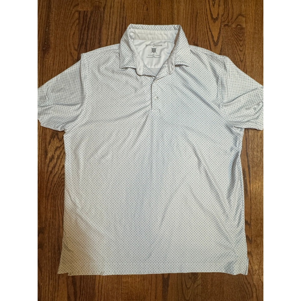 Hickey Freeman GO F Mens Large White Blue‎ Geometric Performance Golf Polo Shirt